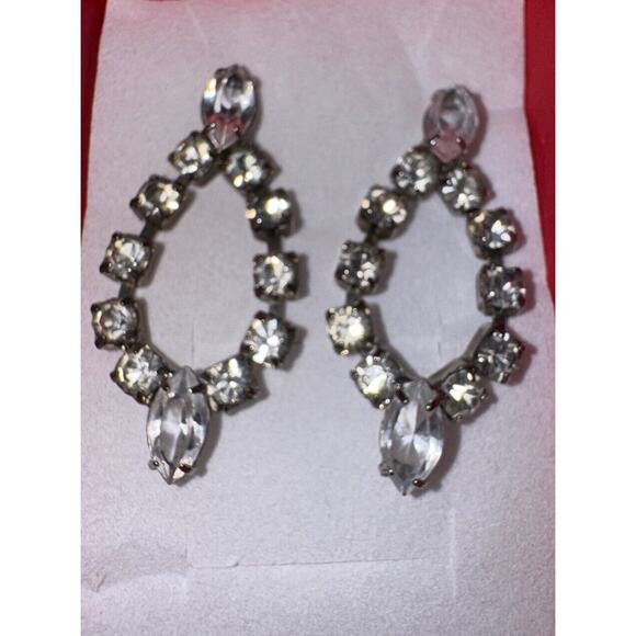 EARRINGS VTG 1950-1960s Era Sliver Dangle Setting Square & Almond Shapes Stones - Picture 10 of 11